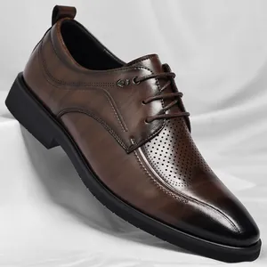 Chaussures de Ville pour Hommes en Cuir Recyclé Style Britannique Perforées Respirantes Bout Pointu à Lacets pour Bureau Mariage