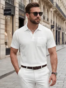 Polo d'été à manches courtes pour homme en maille gaufrée blanche avec poche