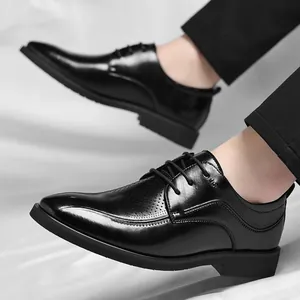 Classic black men's breathable hollow-out leather business dress shoes for summer
