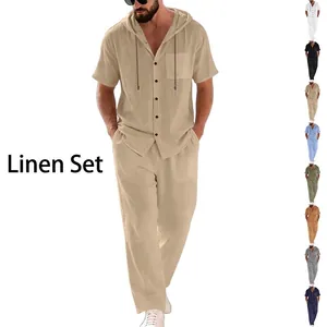 Men's Summer Linen Blend Hooded Short Sleeve Shirt and Pants Set American Loose Breathable Beach Casual Two Piece Outfit