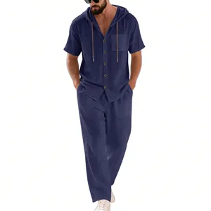 Men's navy blue linen 2-piece set with hooded short sleeve shirt and loose trousers