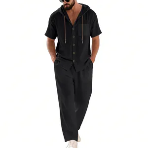 Men's loose linen breathable beach set with short-sleeved hooded shirt and pants