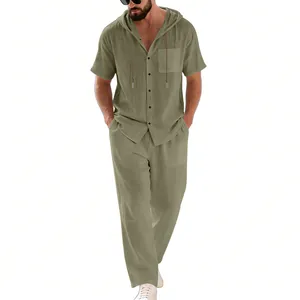 Men's olive green linen summer set with hooded short sleeve shirt and loose beach trousers