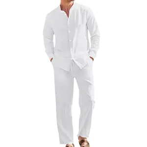 Men's white casual linen two-piece outfit including a stand-collar shirt and loose pants