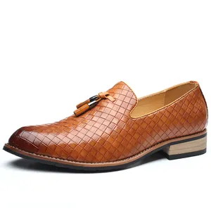 Classic men's brown woven leather loafers with stylish tassel slip-on design for daily wear