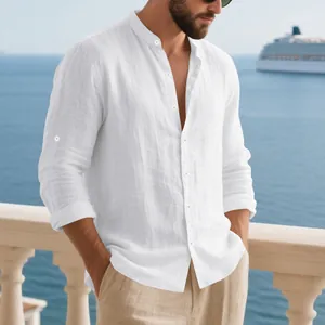 Men's white breathable linen shirt with mandarin collar shown in a coastal vacation setting
