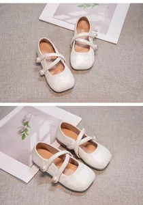 Elegant cream Hanfu Mary Jane shoes for girls featuring pearl-accented cross straps