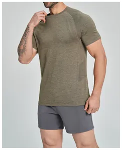 Close-up detail of a men's seamless breathable athletic T-shirt in heathered olive green