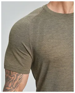 Detail view of men's seamless athletic t-shirt featuring breathable shoulder mesh