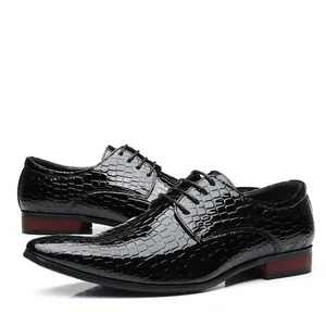 Men's pointed toe formal business dress shoes with embossed crocodile texture in black.