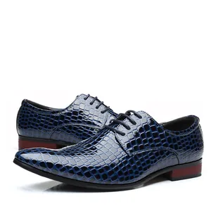 Stylish blue crocodile embossed pattern men's pointed-toe lace-up business dress shoes