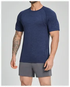 Detailed shot showing the texture of a blue seamless sports t-shirt for athletic men