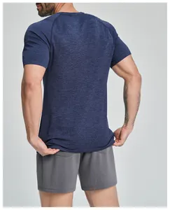 Back view of men's blue seamless breathable sports T-shirt for fitness and hiking.