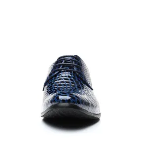 Front view of stylish men's glossy blue stone pattern pointed toe lace-up dress shoes