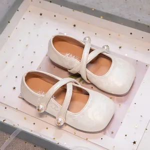 Girls Mary Jane Hanfu Shoes Microfiber Jacquard Floral Pattern Pearl Decor Non-slip Soft Sole Traditional Chinese Style Dress Shoes