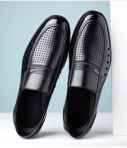 Men's breathable black leather loafers with hollow-out design for summer business