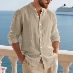 Detail showing texture of men's linen mandarin collar shirt and relaxed fit pants.
