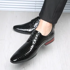Classic men's glossy black stone pattern pointed dress shoes with red trim sole detail