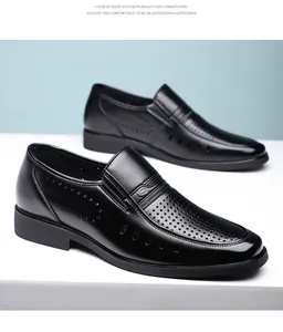 Detailed side view of black men's business loafers featuring hollow breathable design