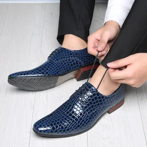 Men's blue crocodile-textured pointed-toe leather shoes for business formal occasions