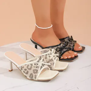 Women's Leopard Mesh Bow High Heel Sandals Fashionable Square Toe Stiletto Mules Elegant Summer Dress Shoes for Party Dating