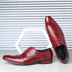 Glossy red crocodile texture men's pointed-toe lace-up leather business dress shoes
