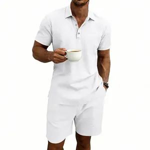 Ensemble décontracté en lin blanc pour homme avec polo à manches courtes et short été
