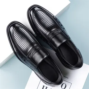 Classic black men's business dress sandals with breathable hollow leather design loafers