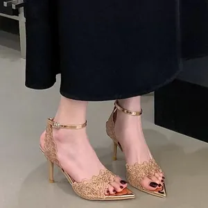 Elegant champagne gold lace embroidery sandals with pointed toe and buckled ankle strap
