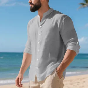 Detailed texture of men's grey linen-style stand collar casual shirt in beach setting