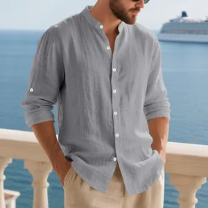 Detail view of a men's gray linen shirt with a mandarin collar in vacation style.