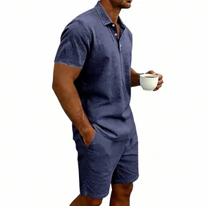 Ensemble polo et short en lin bleu marine pour homme, idéal pour l'été et la plage.
