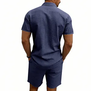 Vue arrière détaillée de l'ensemble chemise et short en lin bleu marine pour hommes