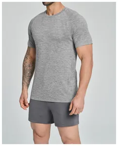 Professional close-up of a men's heather grey seamless sports t-shirt for fitness.