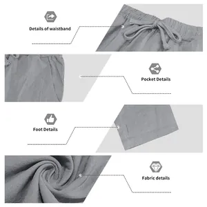 Detailed close-up view of grey linen pants waistband, pockets, hem, and fabric texture