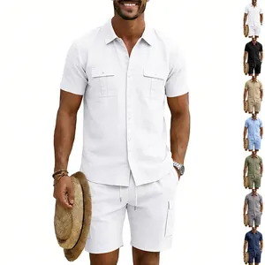 Detail showing color variants for men's linen short sleeve utility shirt and shorts