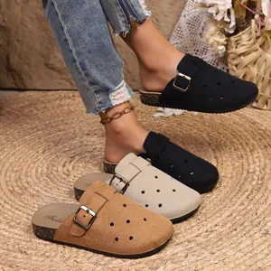 Women's Vintage Suede Clogs With Metal Buckle Adjustable Platform Cork Sole Cut-out Punched Holes Casual Boston Style Half Slippers