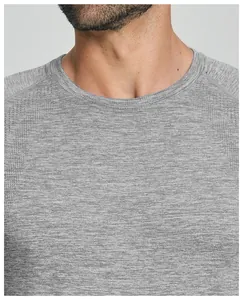 Close-up of grey heathered seamless sports T-shirt showing breathable fabric texture