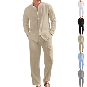 Men's Casual Linen Blend Shirt And Pants Set Stand Collar Top And Loose Long Bottoms Breathable Vacation Outfit For Men