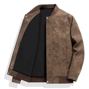 Premium men's vintage suede-textured baseball collar leather jacket in coffee brown color