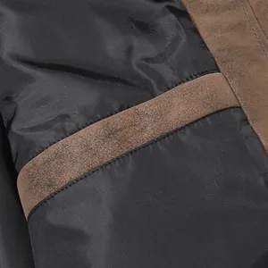 Macro detail of men's brown suede jacket showing black inner lining and fine stitching