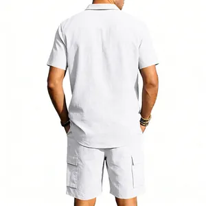 Back view of men's white linen cargo set with short sleeve shirt and multi-pocket shorts