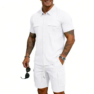 Stylish mens white linen casual set featuring short sleeve cargo shirt and cargo shorts