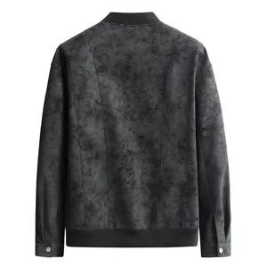 Classic grey suede bomber jacket with ribbed collar and cuffs for men's fashion