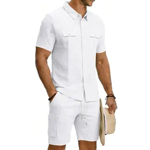 Detailed look at men's white linen short-sleeved utility shirt and cargo shorts set.