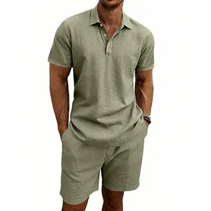 Ensemble deux pièces polo et short en lin vert olive pour homme, style de vacances