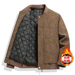 Men's fashion brown suede bomber jacket with quilted cotton padding and baseball collar