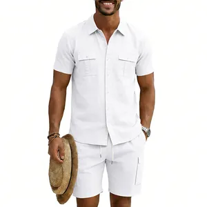Detailed view of men's white linen cargo shirt paired with matching multi-pocket casual shorts