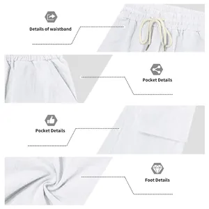 Detailed close-ups of white linen shorts waistband, cargo pockets, and hem texture