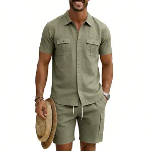 Detailed view of men's sage green linen casual set with cargo shirt and shorts.